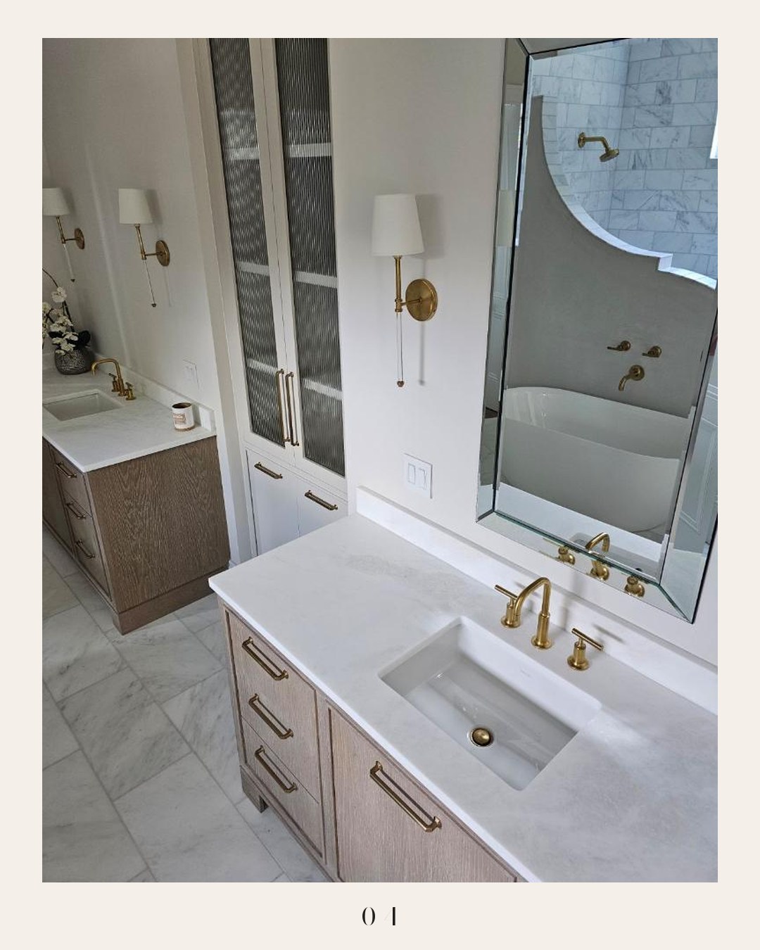 A Touch of Stone carousel slide: white stone vanity in a finished bath
